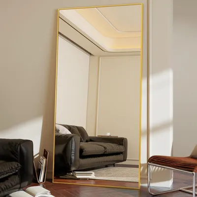 A full-length mirror with a gold frame is placed in a living room setting, reflecting a sofa and part of the room's ceiling.