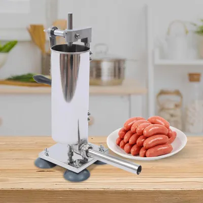 Image de Machine à saucisses - Machine à saucisses manuelle - 3 l verticale - Acier inoxydable - 6 entonnoirs - Manivelle - Argent