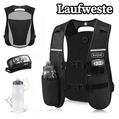 Produktbild von Laufweste für Damen und Herren, Verstellbare Brustgurte, Trinkweste mit 500ml BPA-freier Wasserflasche, Reflektierende Laufweste mit Handytasche