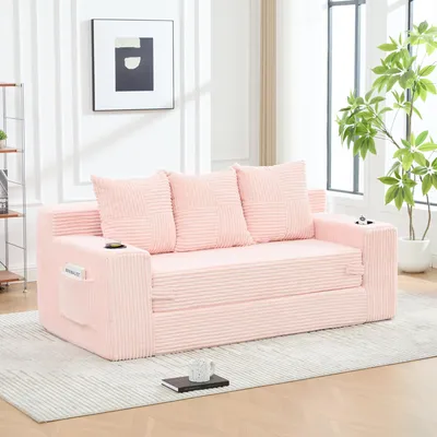 Produktbild von okwish 3-Sitzer Sofa mit Getränkehalter und Seitentaschen, Klappsofa rahmenloser Design, Wohnzimmersofa für kleine Wohnungen,Rosa