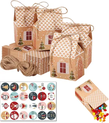 Produktbild von Adventskalender / Weihnachtlicher Adventskalender-Set mit 24 Teilen – Papphäuser als Geschenke, 10,5 x 7 x 5 cm, mit Kordel und Aufkleberbogen