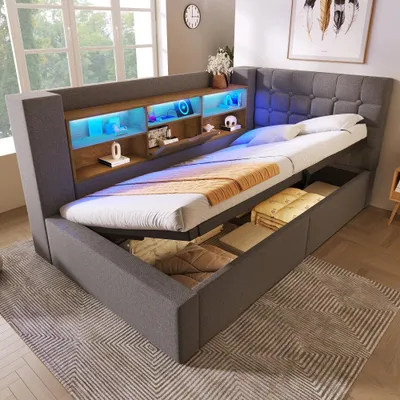 Produktbild von Polsterbett 90x190cm mit LED-Beleuchtung, hydraulischem Stauraum, L-förmigem Kopfteil mit Stauraum und Lattenrost, Leinenstoff Grau