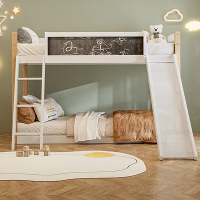 Produktbild von okwish Etagenbett Stockbett 90x200cm mit Treppe und Rutsche, Hochbett mit Rausfallschutz, Massivholzbett Kinderbett Bettgestell mitkreißbrett,, Weiß