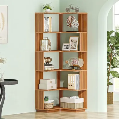 Obrázek produktu pro Knihovna – Rohová knihovna se 6 policemi – Robustní, průmyslový design – Materiál: dřevotříska – Barva: hnědá