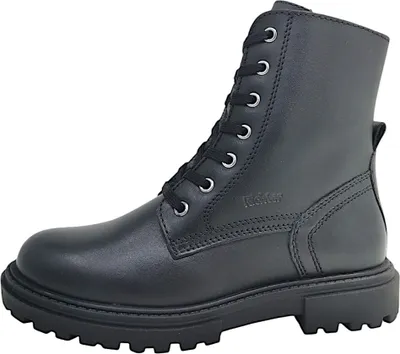 A black leather boot on a white background.