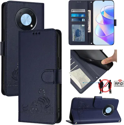 Produktbild von Leder Hülle für Huawei Nova Y90 Süße Katze Flip Case Brieftasche Schutzhülle mit Standfunktion Blau