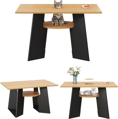 Produktbild von 130x85x75 cm Naturholz Schwarz Haustierfreundlich Rechteckig Fuer 6 Personen Mit Haustierbereich Und Ablagebrett MDF Modern Kuechentisch Esstisch