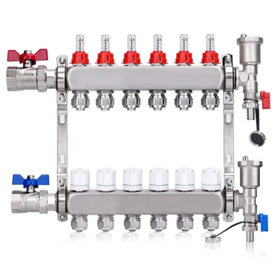 Produktbild von 6 Heizkreise | Heizkreisverteiler mit Eurokonus 3/4 (20 x 2 mm) | 1" Kugelhähne Manueller Entlüfter Flussmesser Durchflussmesser Fußbodenheizung HKV