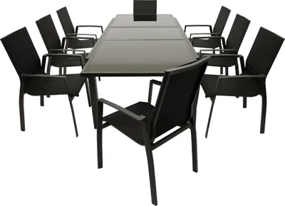 Produktbild von TPFGarden GARTEN-GARNITUR Ashford - 9-teilige Garten-Essgruppe (8x Stapelsessel mit Aluminiumgestell schwarz, Bespannung Textillehne schwarz, Ausziehtisch 180/240x100cm, Aluminium + Glas schwarz). BxTxH: 180,0 - 240,0x230x96 cm