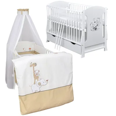 Produktbild von Baby-Delux Babybett Kinderbett Lia 120x60 Teddy Wippe Weiß inkl. Schublade Bettset Komplett Zirkus Beige Schaumstoffmatratze