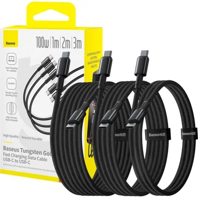 Produktbild von 3 x Kabel USB-C zu USB-C, PD 100W, 1 m, 2m, 3m Baseus Tungsten Gold, Schwarz