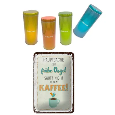 Produktbild von 4er Set Kaffeepaddosen mit Deckel + 4 Padheber + Blechschild „Kaffee“ – Vintage Aufbewahrung für Pads, Tee & Kekse