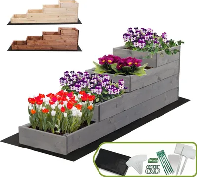 Produktbild von MODO24 Hochbeet Holz, Pflanzkasten, Massivholz, Kiefer, Kräuterbeet, Blumenkasten, Garten, Terrasse, 36x30x120 cm, Grau, ZP07