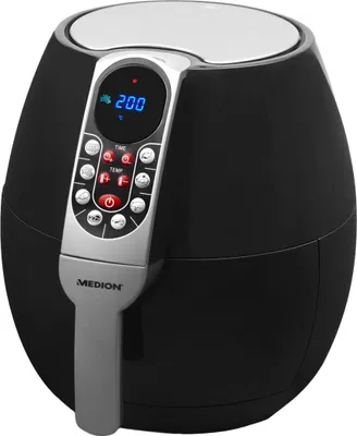 A black air fryer with a digital control panel is shown against a white background.