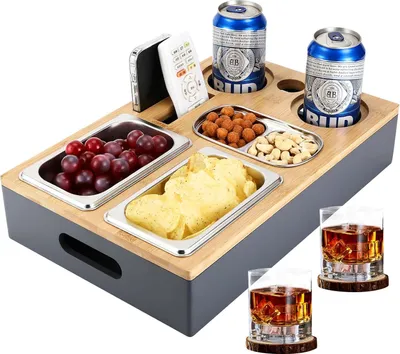 Produktbild von Couchbar Snackbox, Mit Snackschalen Aus Edelstahl,mit Abnehmbarer Deckel, Couch Tablett, Sofaablage für Wohnzimmer Schlafzimmer Garten Camping