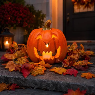 Productafbeelding van XXL Halloween-pompoenset, 25 cm groot, met herfstguirlande en LED-theelicht