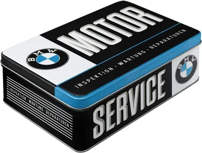 A rectangular metal tin with BMW branding and text.