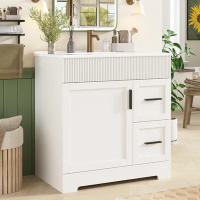 Image de Meuble de salle de bain Flieks avec lavabo en céramique, rangements, meuble de salle de bain avec étagère latérale et deux tiroirs, dimensions : 81,5 x 47 x 85,5 cm, blanc