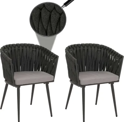Produktbild von 2er-Set Aluminium-Gartenstuhl MCW-N38, Outdoor Stuhl Armlehne, Olefin Seilgeflecht Rope  anthrazit Kissen hellgrau