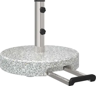 A white background product shot of a granite umbrella stand with a silver pole and black knobs.