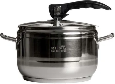 A stainless steel pressure cooker is shown against a white background.