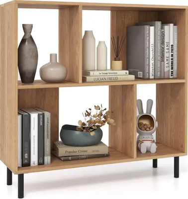 A wooden bookshelf with various decorative items and books.