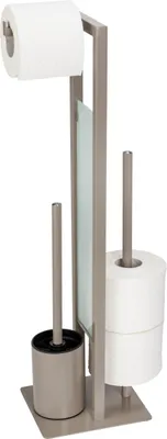 A freestanding toilet paper holder and toilet brush set.
