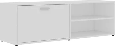 A white TV cabinet with a closed compartment on the left and open shelves on the right, shown against a white background.