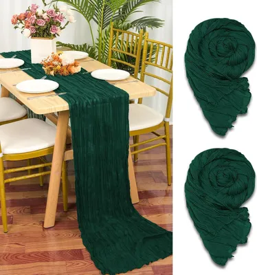 Obrázok produktu pre 2 balenia syrového plátna na stôl, tmavozelené, 90 x 400 cm, zelený syrový plátenný stôl, rustikálna tkaná látka, boho syrový plátenný stôl, svadobný obrus na svadobnú hostinu, svadobnú hostinu, dekorácie na stôl