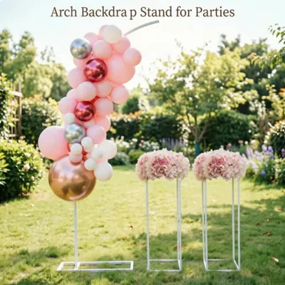 Produktbild von Blumenständer Set - Hintergrund Ständer 1 Bogen + 2 Rechtecke - Stabiler Stahlrohrrahmen - Für Hochzeit Geburtstag Party - Indoor und Outdoor Deko - Weiß