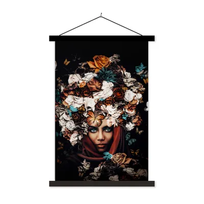 Produktbild von MuchoWow® Textilposter Blumen - Schmetterling - Frauen - Kopftuch 40x60 cm mit schwarzem Rahmen - Wanddekorationen
