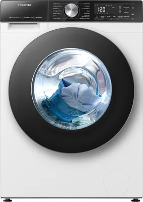 A front view of a Hisense washing machine with laundry inside.
