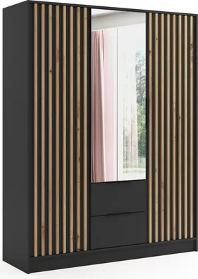 Produktbild von ALTDECOR Kleiderschrank NERA mit Spiegel und selbstschließenden Flügeltüren mit Lamel - 150 cm Schwarz / Artisan
