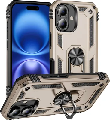 Immagine prodotto di Custodia per iPhone 16 a doppio strato robusta, protezione militare con supporto ad anello e supporto Oro