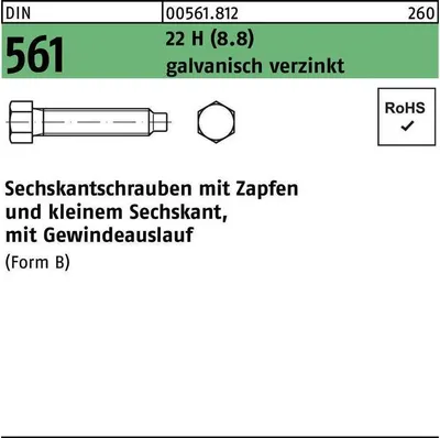 Produktbild von Sechskantschraube DIN 561 m.Zapfen BM 12 x 90 22 H (8.8) galvanisch verzinkt SW17