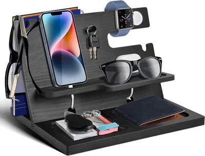 Image de Support pour téléphone en bois, organiseur de table de chevet, bureau