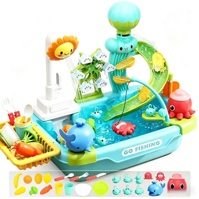 Produktbild von Zimilo Kinder Wasserspiel Spüle mit elektrischer Wasserpumpe, 8-in-1 Spielset, Automatischer Wasserkreislauf, großes 10L Becken, Lernspielzeug, Blau