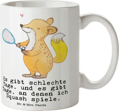 Produktbild von Mr. & Mrs. Panda Trinkbecher Fuchs Squash spielen - Weiß - Geschenk, Kaffeetasse, Kaffeebecher, Geschenktasse, Becher, schöne tasse, Ballsport, Squashhalle