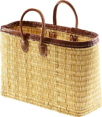Obrázek produktu pro Kobolo košík taška nákupní taška kožený okraj a kožené rukojeti | dámská taška proutí plážová taška taška dámské boho shopper kabelky trh taška
