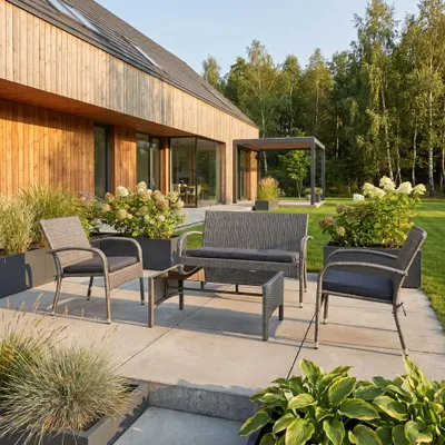 Produktbild von BEAUTYSOFA | MONTERO Gartenmöbel Set Grau – Polyrattan Lounge Set, Gartensitzgruppe mit Sofa, 2 Sesseln und Glastisch, Balkonmöbel, Terrassenmöbel