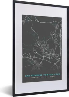 Produktbild von MuchoWow® Gerahmtes Poster Stadtplan - Karte - Bad Homburg vor der Höhe - Blau - Deutschland - Karte 40x60 cm - Poster mit Schwarzem Bilderrahmen Wandposter Rahmen Foto Bilder - Poster in Rahmen