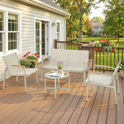 Produktbild von Gartenmöbel Set wetterfest, Gartenlounge Sitzgruppe, Metall Texteline, Grün | 4 Personen | 2er Sofa + 2 Sessel + Beistelltisch | 23,5 kg