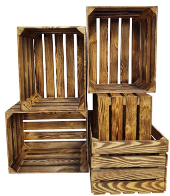 Produktbild von 6er Holzkisten 50x40x30 cm – Rustikale Geflammte Aufbewahrungsbox – Geflammte Massivholz - Fertig montiert