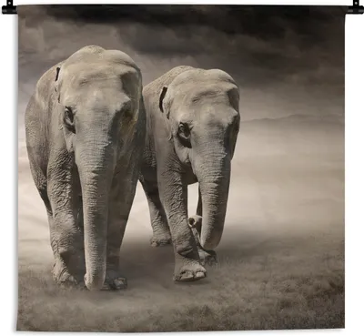 Produktbild von MuchoWow® Wandteppich Wandbehang Elefant - Ehepaar - Berg 150x150 cm Tapisserie Dekoration Wandtuch - Wohnaccessoires - Modernes