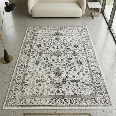 Zdjęcie produktu dla Gładki orientalny dywan - kwiatowy wzór - w kolorze kremowym, rozmiar - 140 x 200 cm