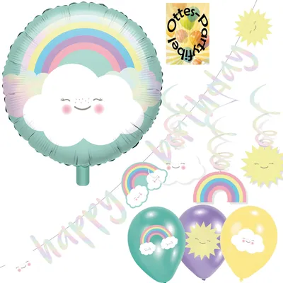 Produktbild von Rainbow-Regenbogen-Deko-Set #3 Partykette Happy Birthday Luftballons Dekospiralen Folienballon