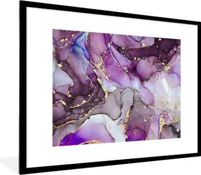 Produktbild von MuchoWow® Gerahmtes Poster Marmor - Rosa - Lila - Gold 80x60 cm - Poster mit Schwarzem Bilderrahmen Wandposter Rahmen Foto Bilder - Schlafzimmer-Dekorationen - Fotoposter