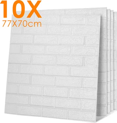 Produktbild von Clanmacy 1 Set (10 Stk)große 3D wasserdichte Fliesen Ziegel Wand Aufkleber selbstklebende Schaum Panel 70x77cm Weiß