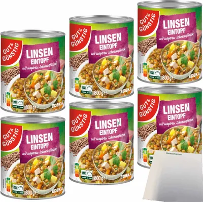 Produktbild von Gut & Günstig Linseneintopf mit magerem Schweinefleisch und feinsäuerlich mit Essig abgeschmeckt 6er Pack (6x800g Dose) + usy Block