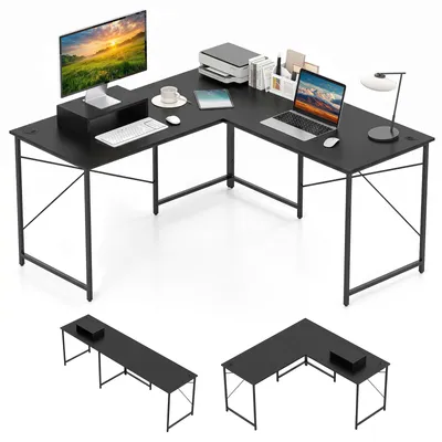 Productafbeelding van COSTWAY Bureau in L-vorm, omkeerbaar hoekbureau, hoektisch met kabelgaten en verstelbaar CPU-/monitorstandaard, gaming computerbureau, kantoorbureau